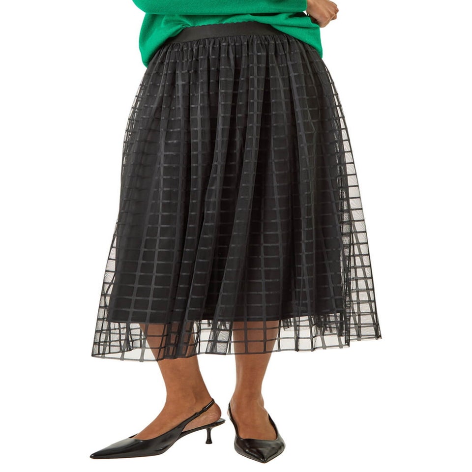 Roman Black Geometric Mesh Overlay Skirt