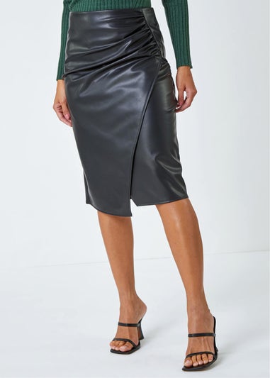 Roman Black Faux Leather Ruched Wrap Skirt