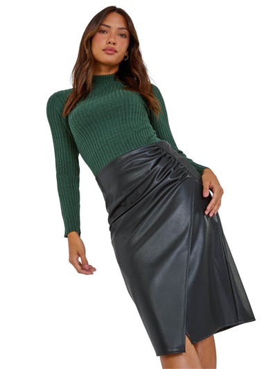 Roman Black Faux Leather Ruched Wrap Skirt