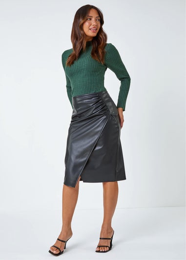 Roman Black Faux Leather Ruched Wrap Skirt