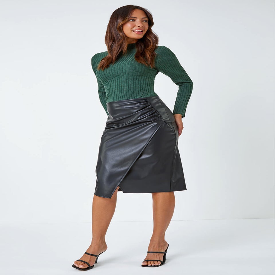 Roman Black Faux Leather Ruched Wrap Skirt