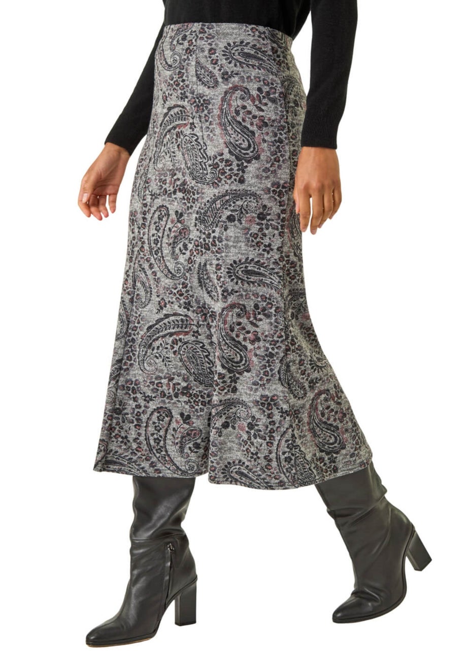 Roman Grey Paisley Print Stretch Midi Skirt