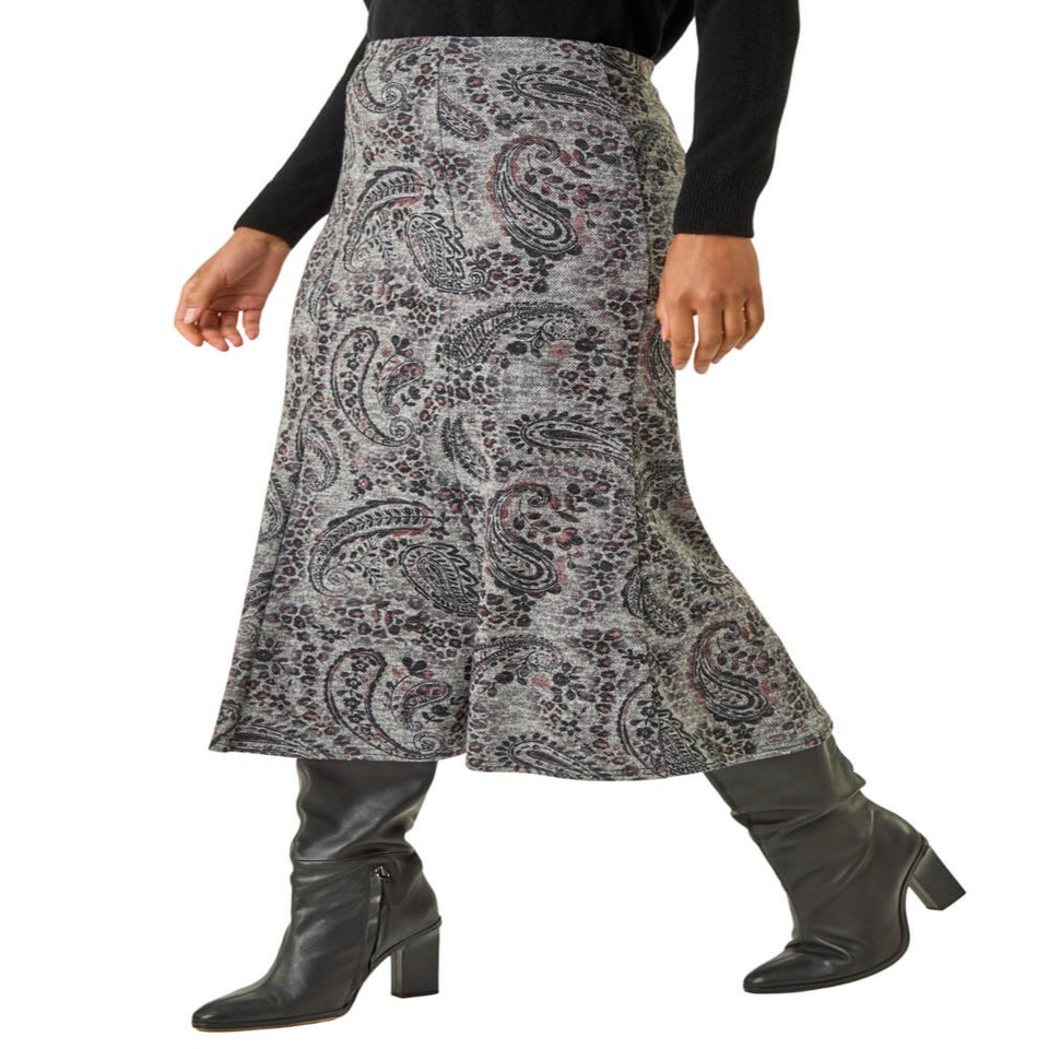 Roman Grey Paisley Print Stretch Midi Skirt