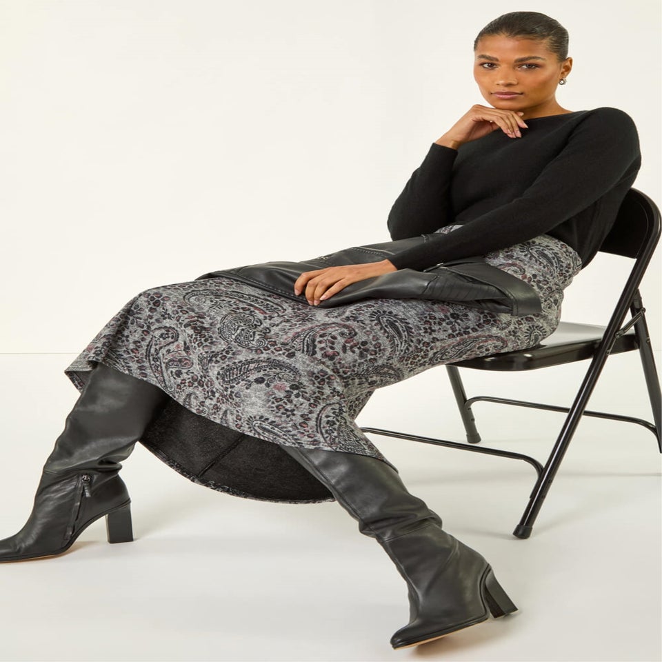 Roman Grey Paisley Print Stretch Midi Skirt