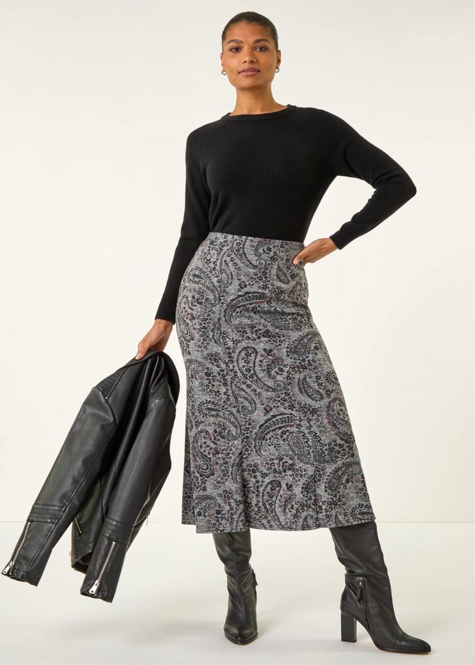 Roman Grey Paisley Print Stretch Midi Skirt