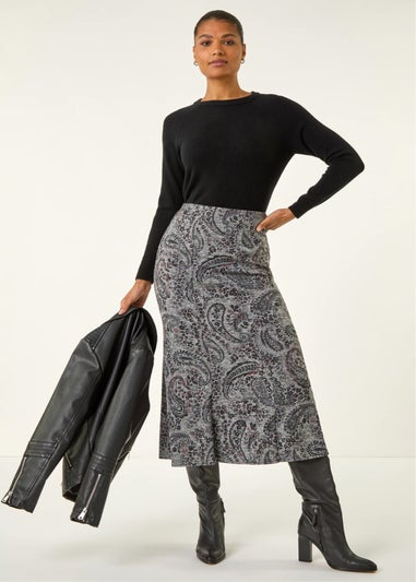 Roman Grey Paisley Print Stretch Midi Skirt