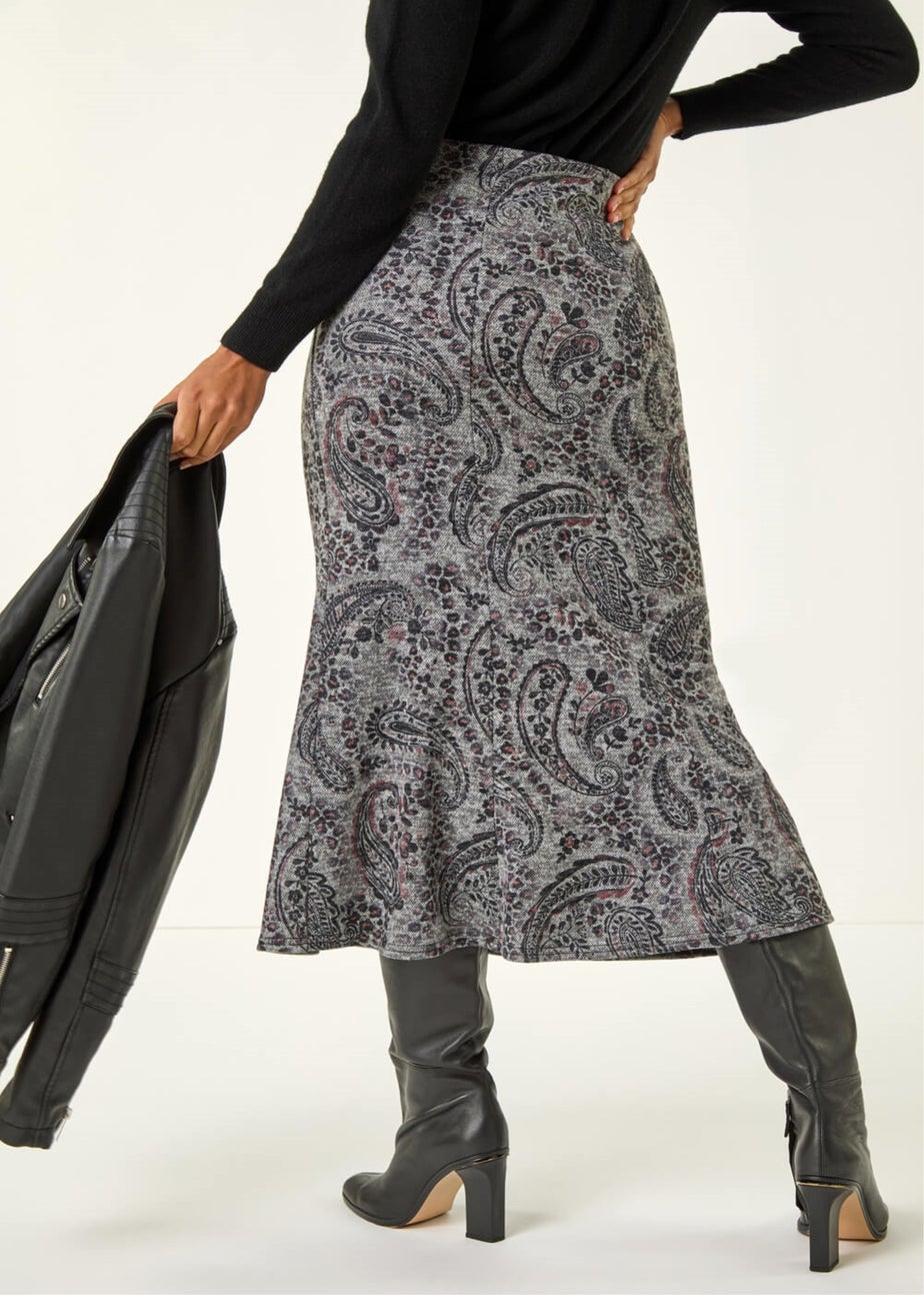 Roman Grey Paisley Print Stretch Midi Skirt