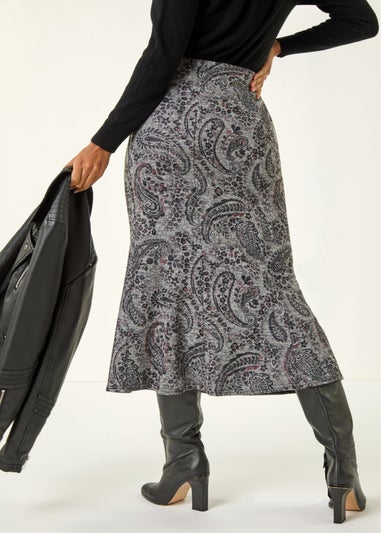 Roman Grey Paisley Print Stretch Midi Skirt