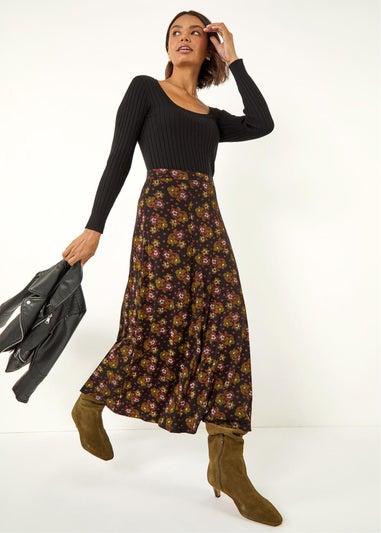 Roman Black Floral Print Stretch Midi Skirt