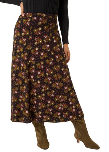Roman Black Floral Print Stretch Midi Skirt