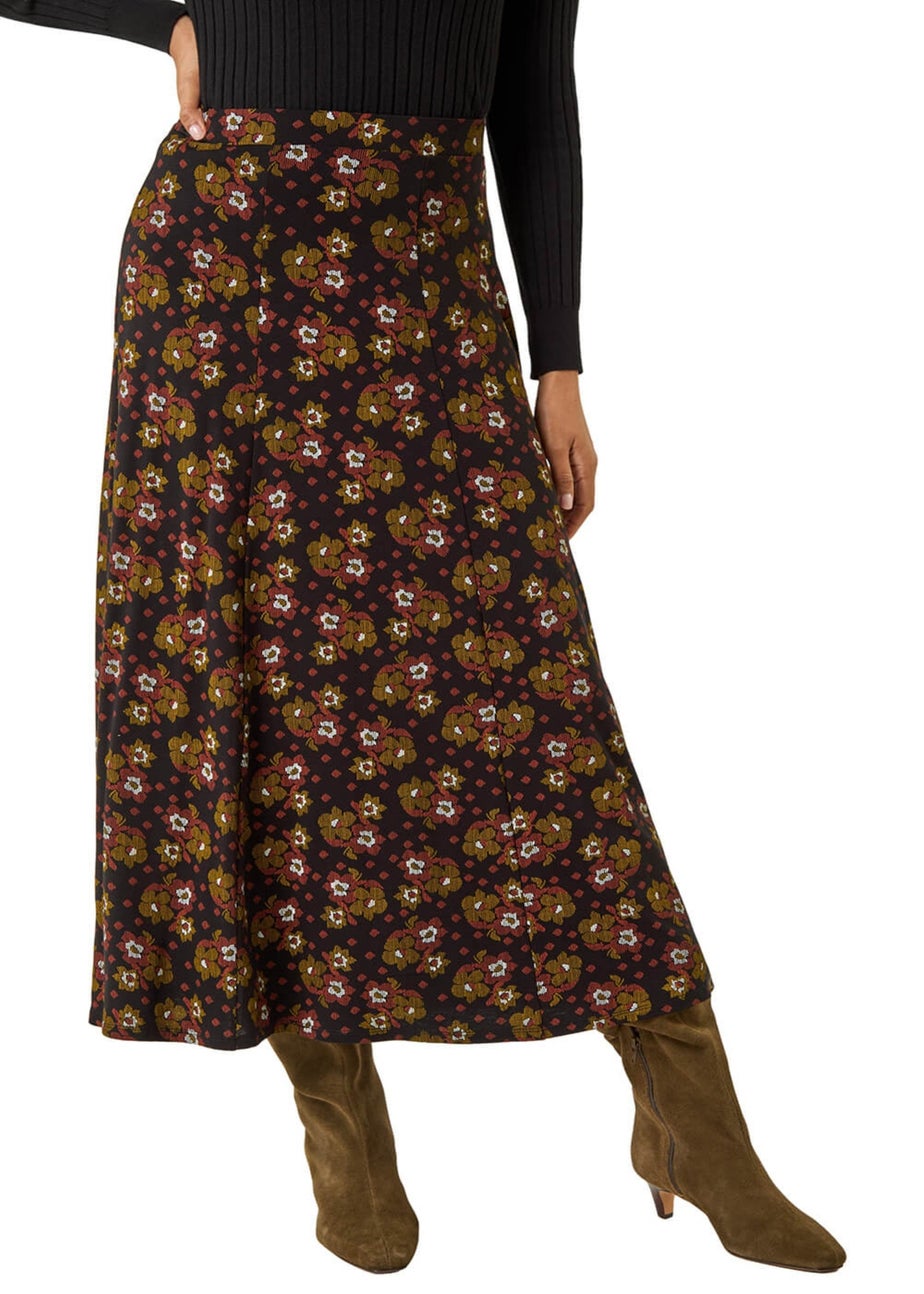 Roman Black Floral Print Stretch Midi Skirt