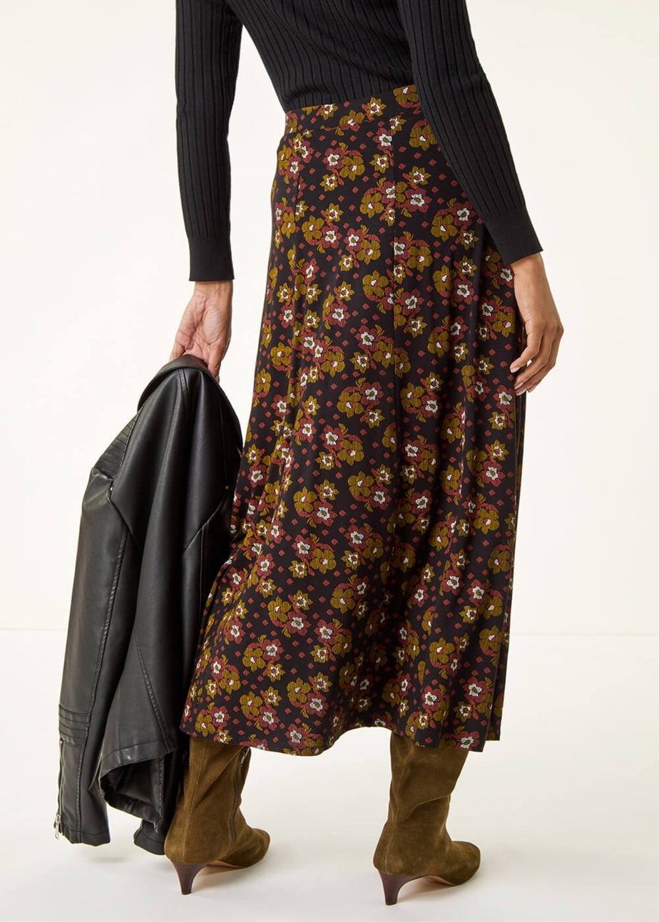 Roman Black Floral Print Stretch Midi Skirt