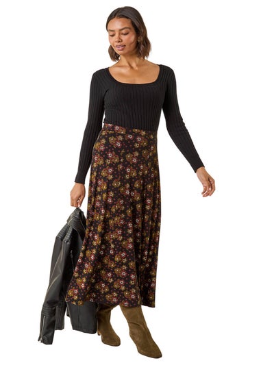 Roman Black Floral Print Stretch Midi Skirt
