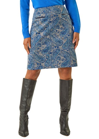 Roman Blue Paisley Jersey Stretch Skirt
