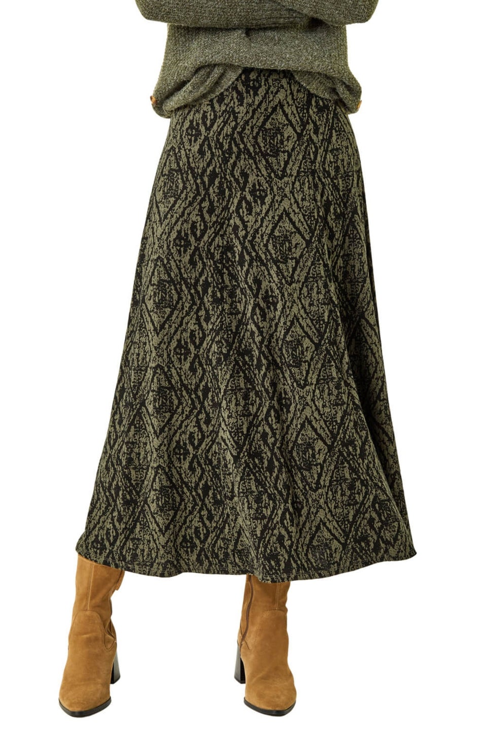 Roman Khaki Abstract Diamond Print Midi Skirt