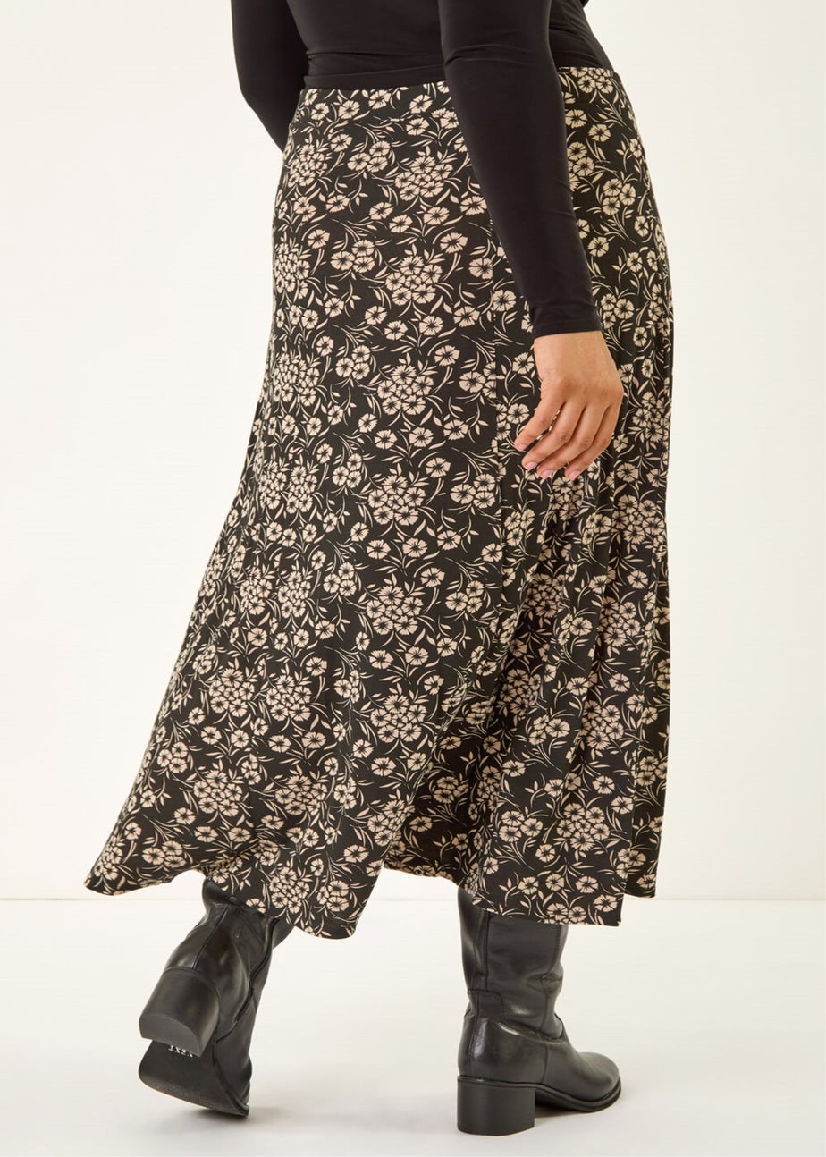 Roman Black Curve Floral Stretch Midi Skirt