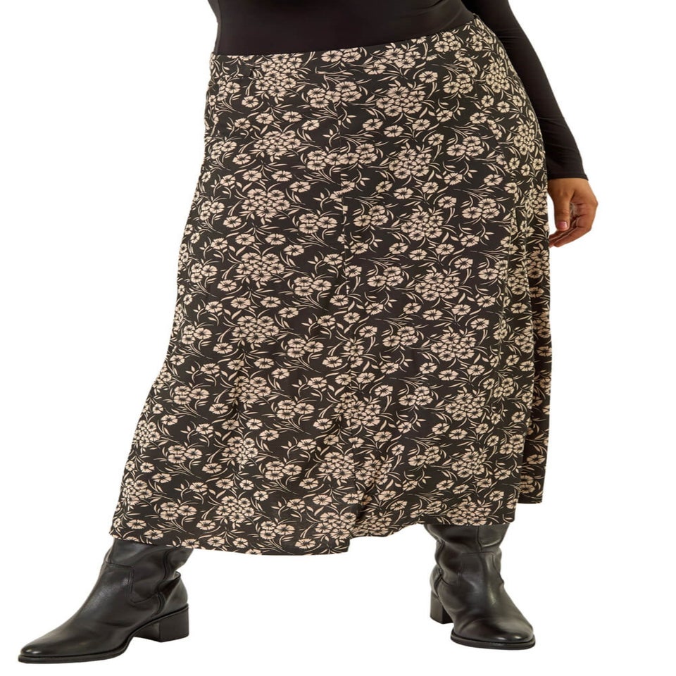 Roman Black Curve Floral Stretch Midi Skirt