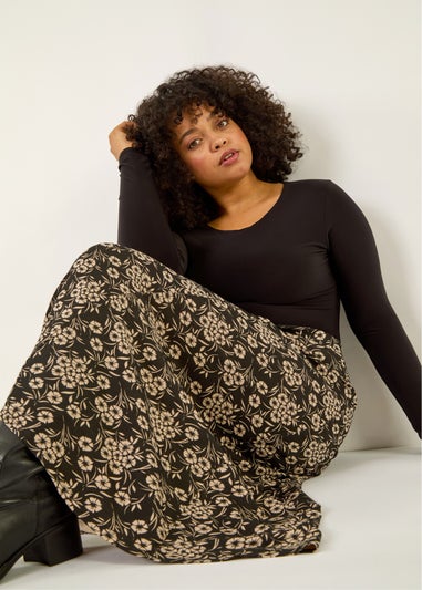 Roman Black Curve Floral Stretch Midi Skirt
