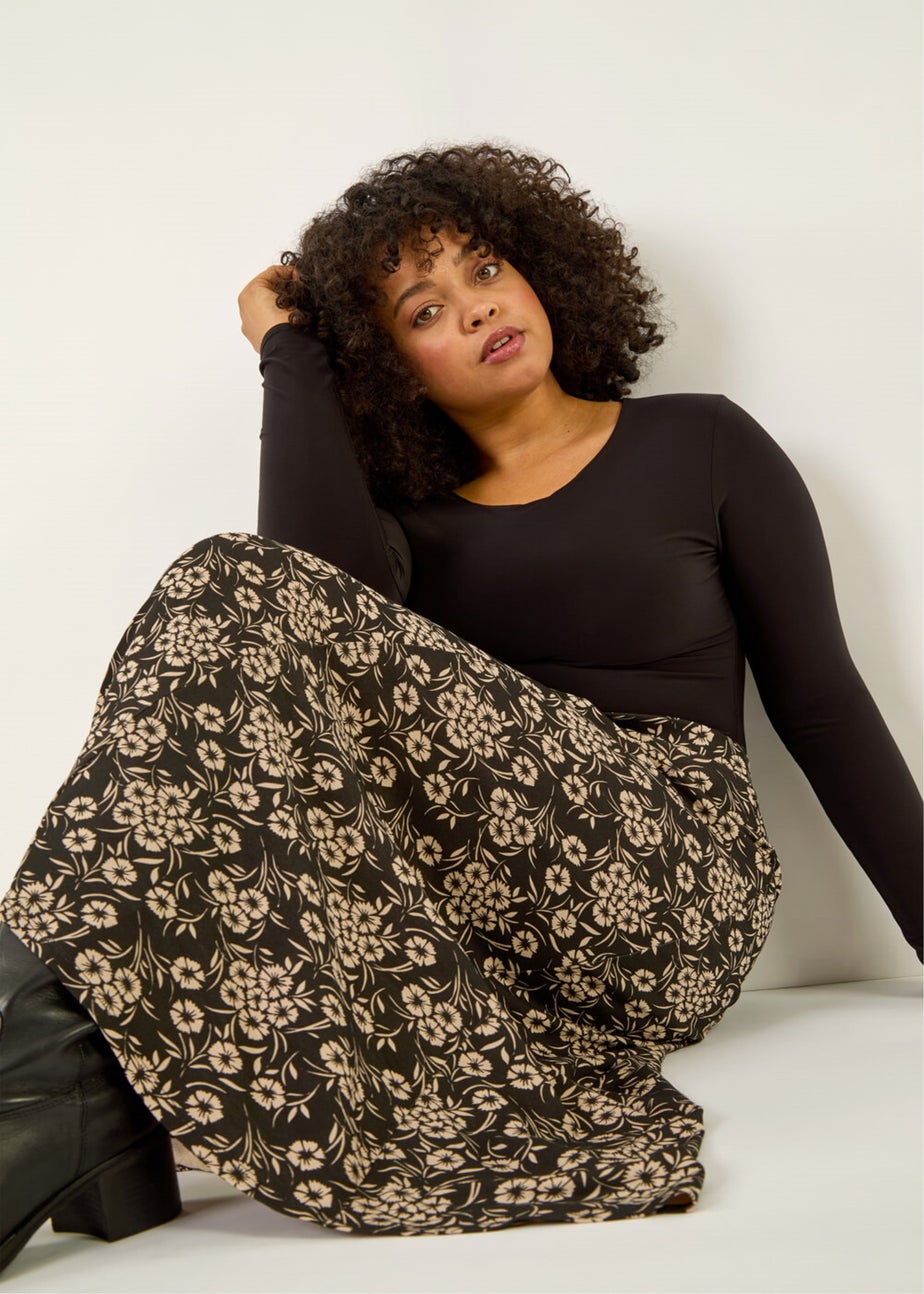 Roman Black Curve Floral Stretch Midi Skirt