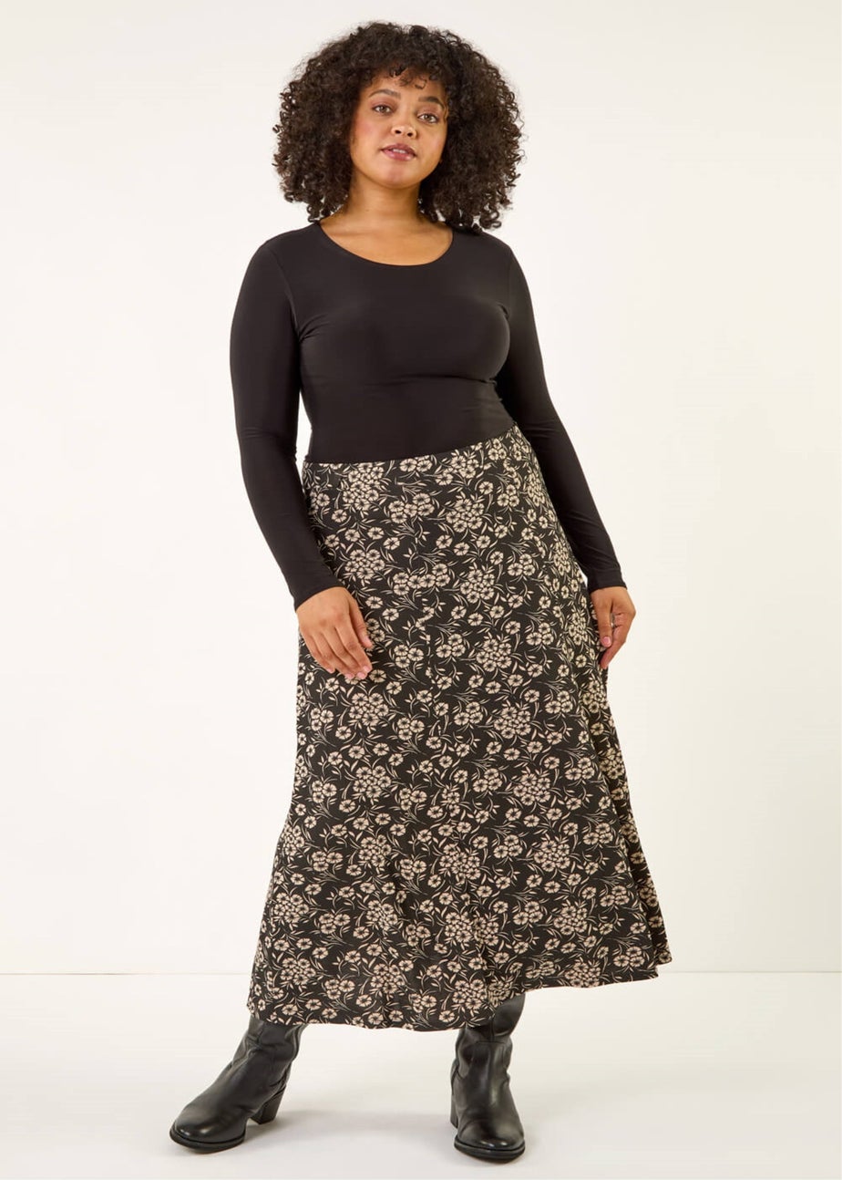 Roman Black Curve Floral Stretch Midi Skirt