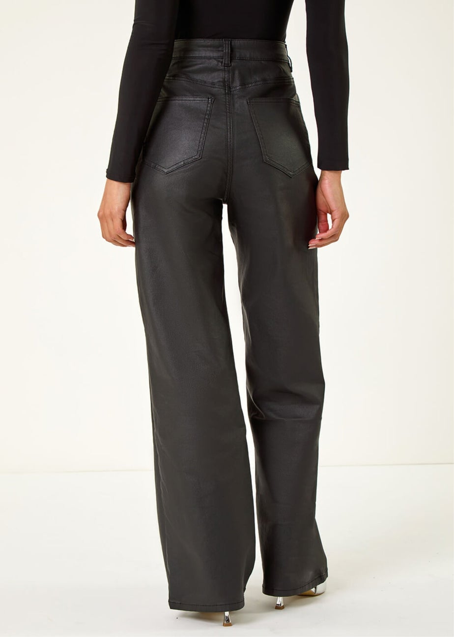 Roman Black Coated Stretch Waist Wide Leg Jeans