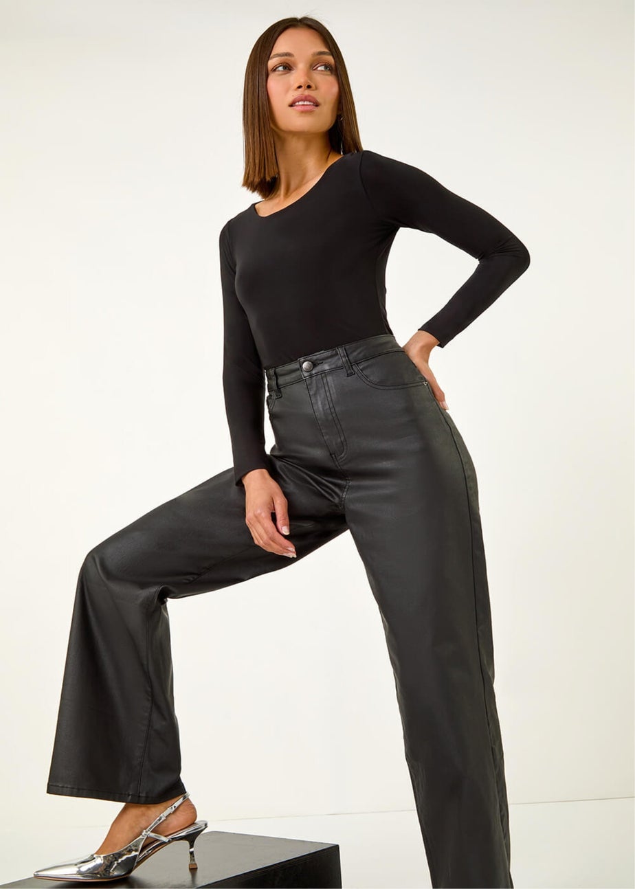 Roman Black Coated Stretch Waist Wide Leg Jeans
