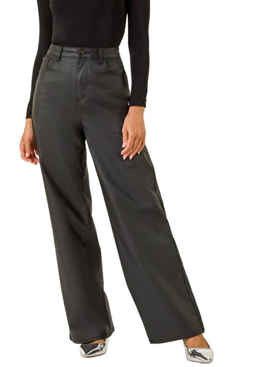 Roman Black Coated Stretch Waist Wide Leg Jeans