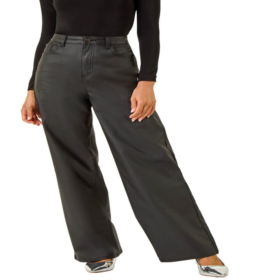 Roman Black Coated Stretch Waist Wide Leg Jeans