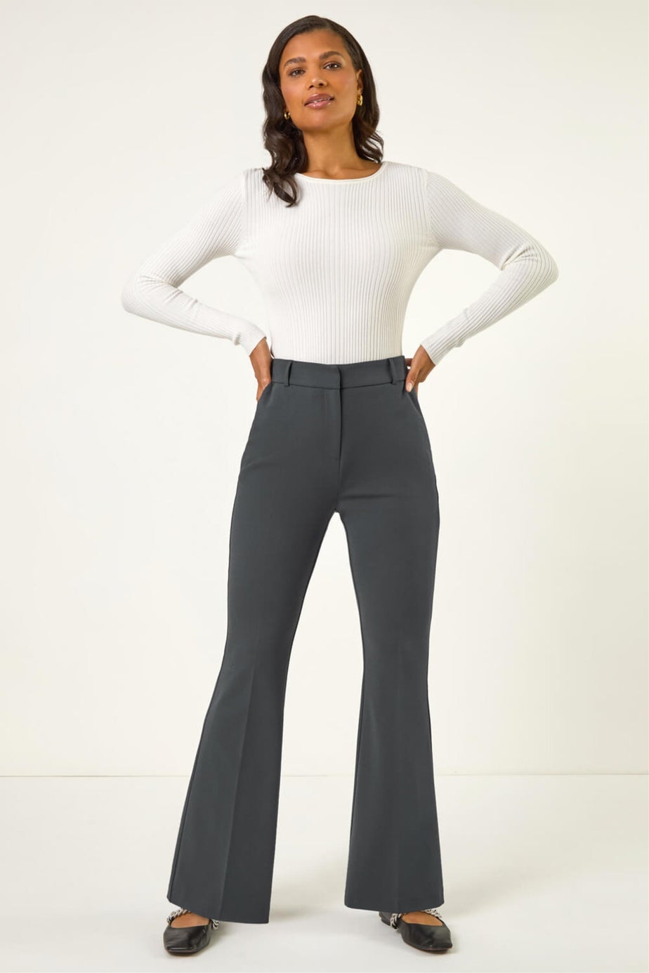 Roman Dark Grey Long Bootcut Stretch Trousers
