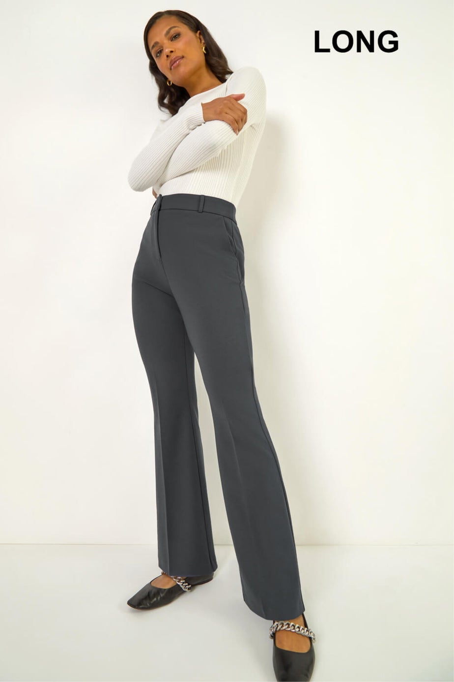 Roman Dark Grey Long Bootcut Stretch Trousers