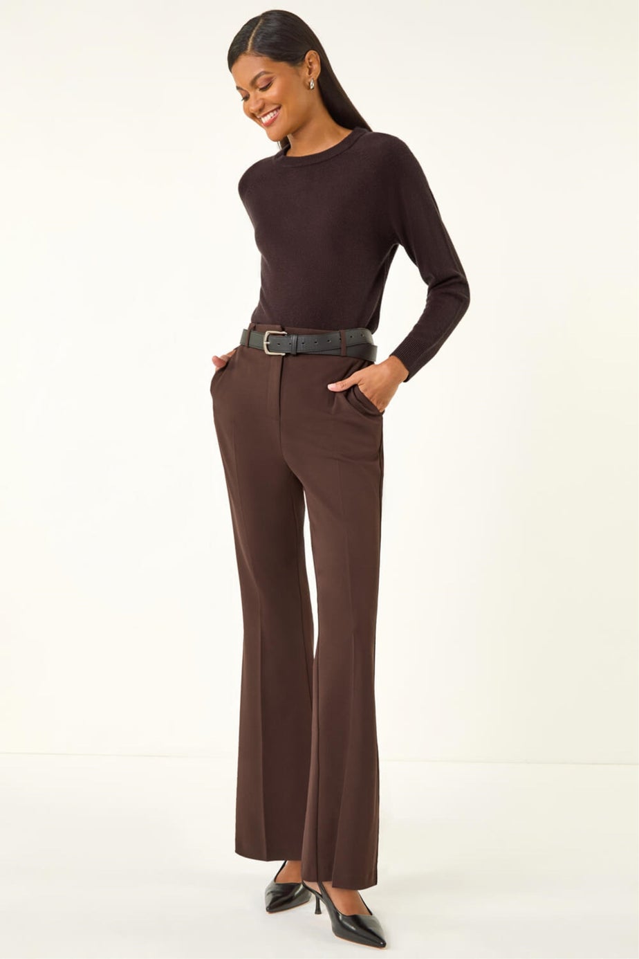 Roman Dark Brown Long Bootcut Stretch Trousers