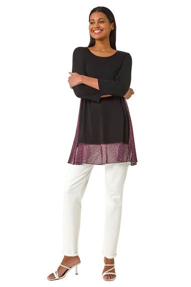 Roman Wine Animal Print Contrast Mesh Hem Stretch Top