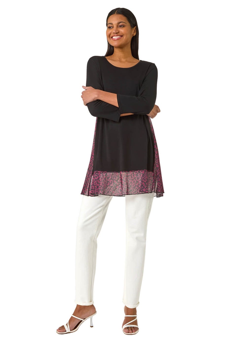 Roman Wine Animal Print Contrast Mesh Hem Stretch Top