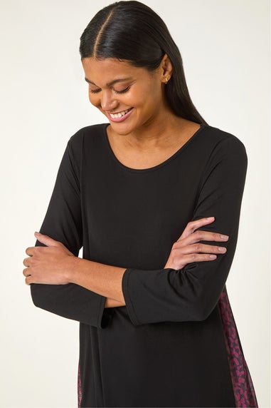 Roman Wine Animal Print Contrast Mesh Hem Stretch Top