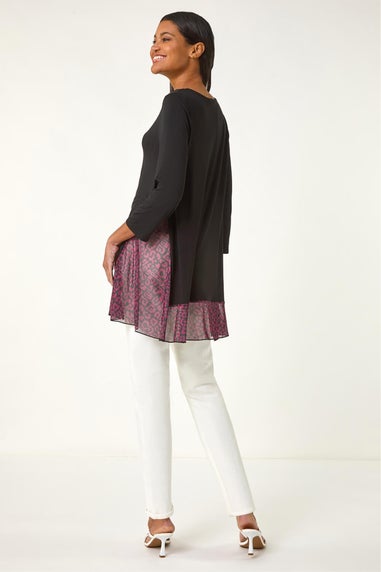 Roman Wine Animal Print Contrast Mesh Hem Stretch Top