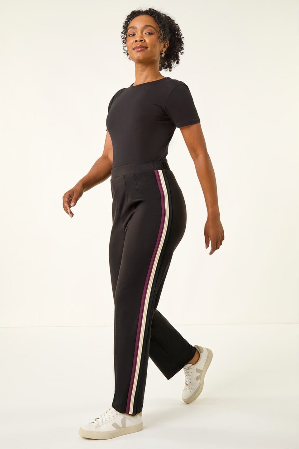 Roman Black Petite Side Stripe Stretch Trouser