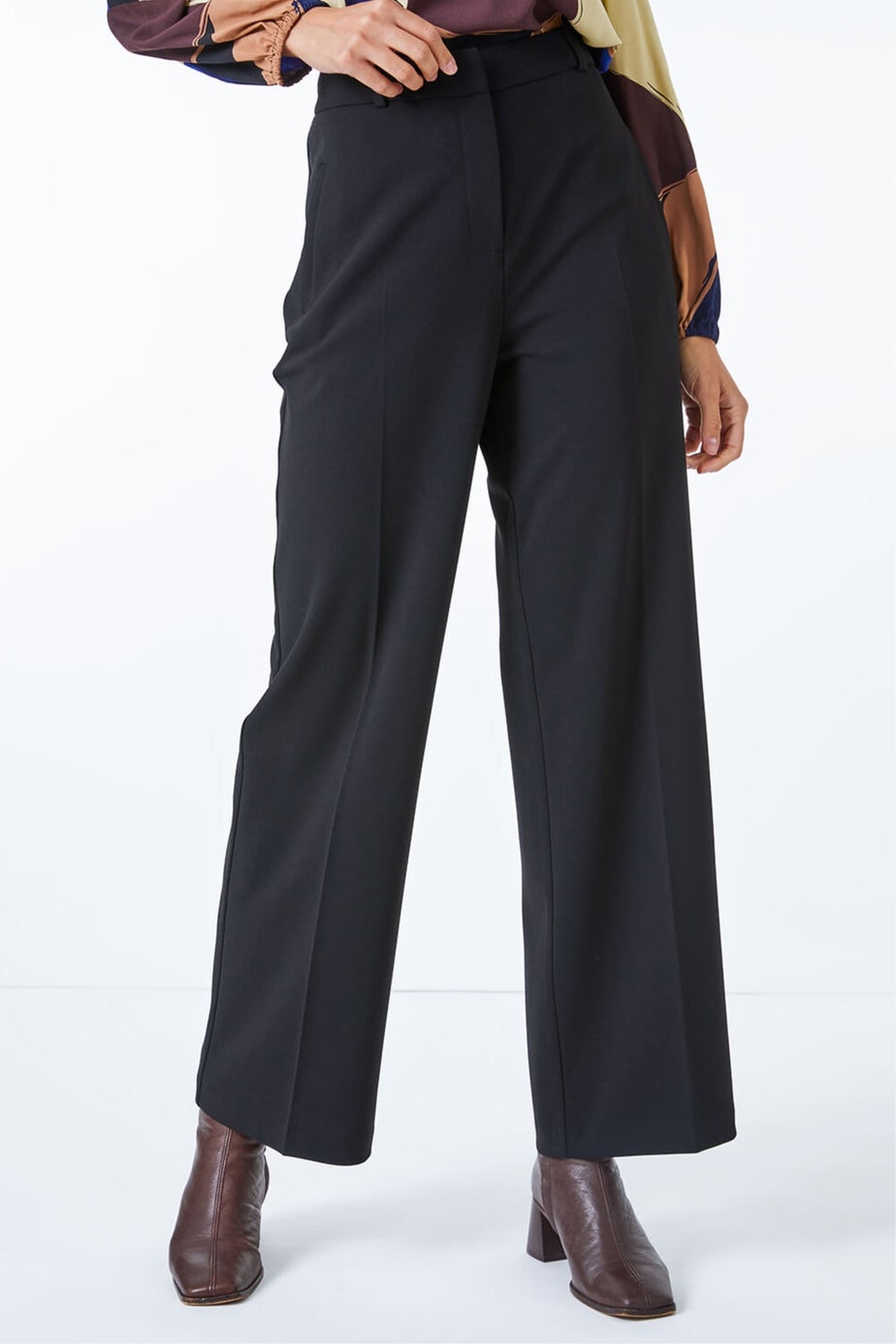 Roman Black Long Wide Leg Stretch Trousers