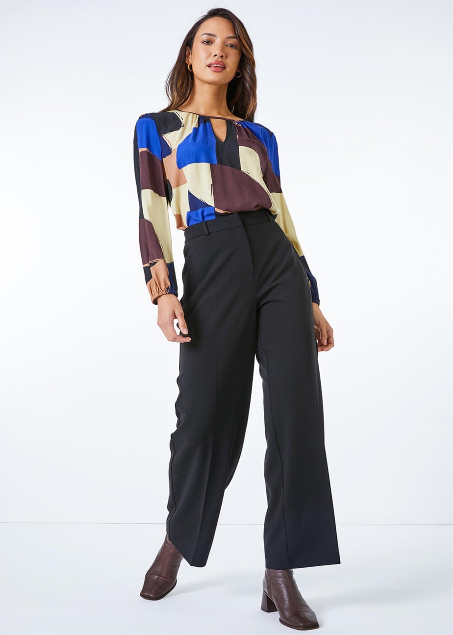 Roman Black Long Wide Leg Stretch Trousers