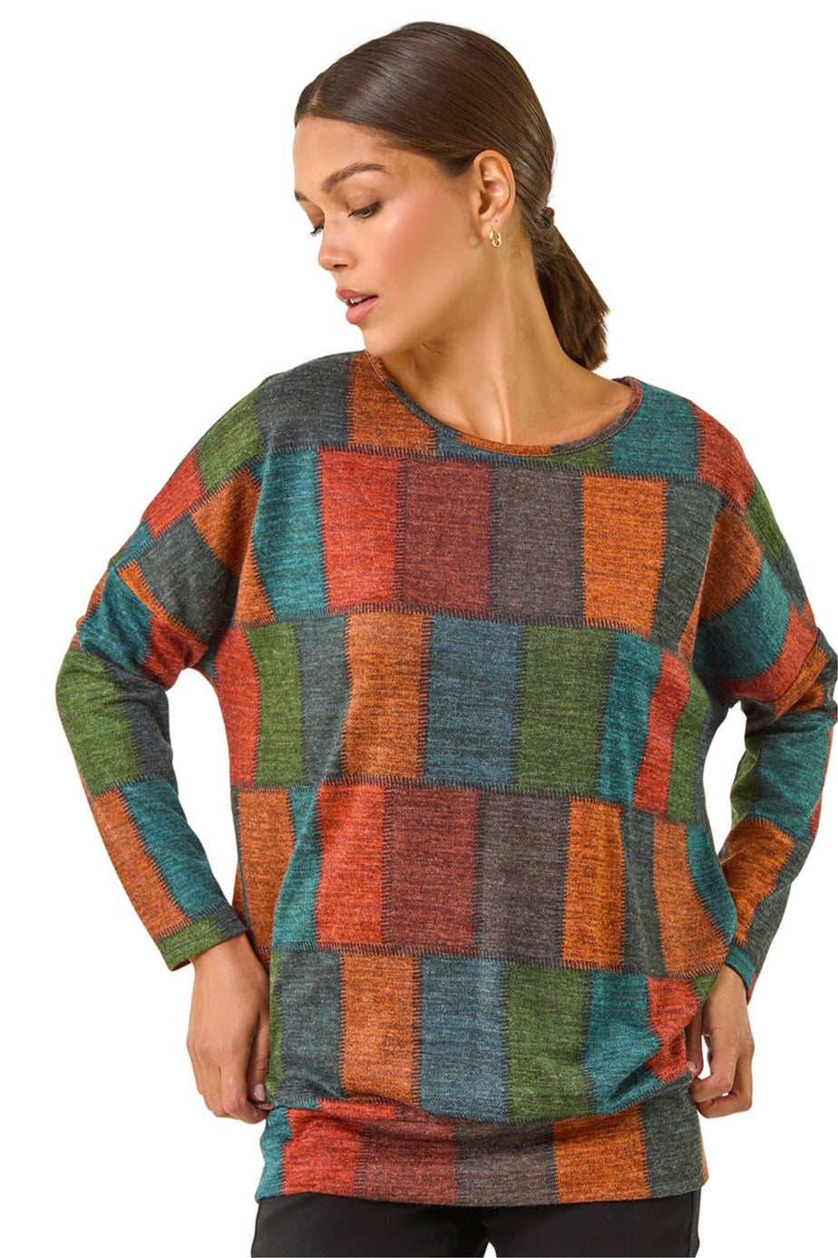 Roman Red Patchwork Print Drop Shoulder Stretch Top