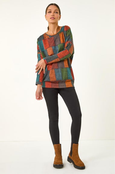 Roman Red Patchwork Print Drop Shoulder Stretch Top