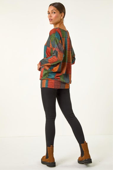 Roman Red Patchwork Print Drop Shoulder Stretch Top