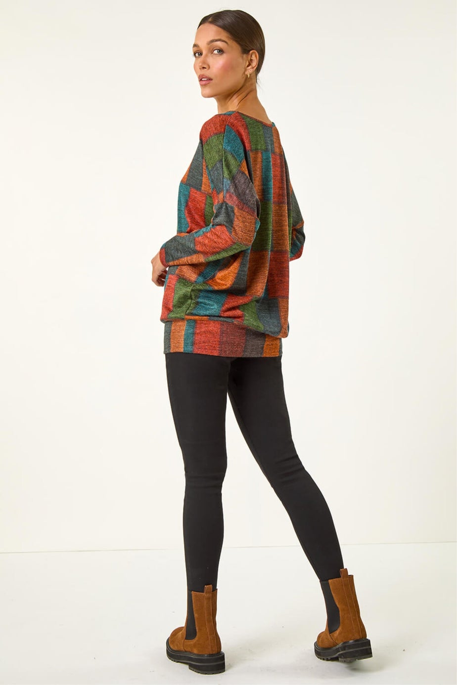 Roman Red Patchwork Print Drop Shoulder Stretch Top