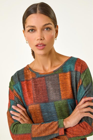 Roman Red Patchwork Print Drop Shoulder Stretch Top