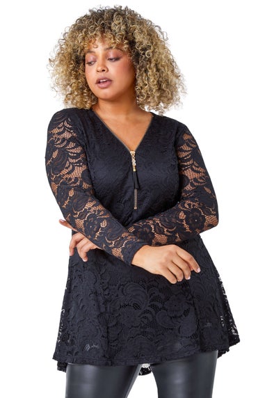 Roman Black Curve Zip Front Lace Stretch Top