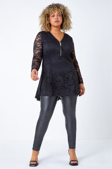 Roman Black Curve Zip Front Lace Stretch Top