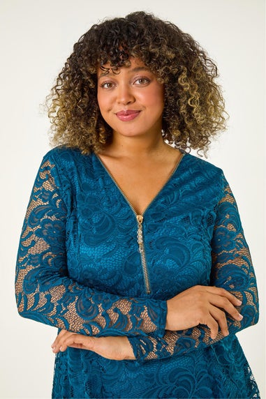 Roman Teal Curve Zip Front Lace Stretch Top