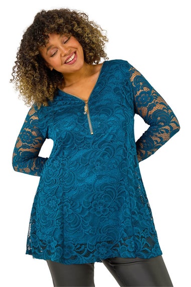Roman Teal Curve Zip Front Lace Stretch Top