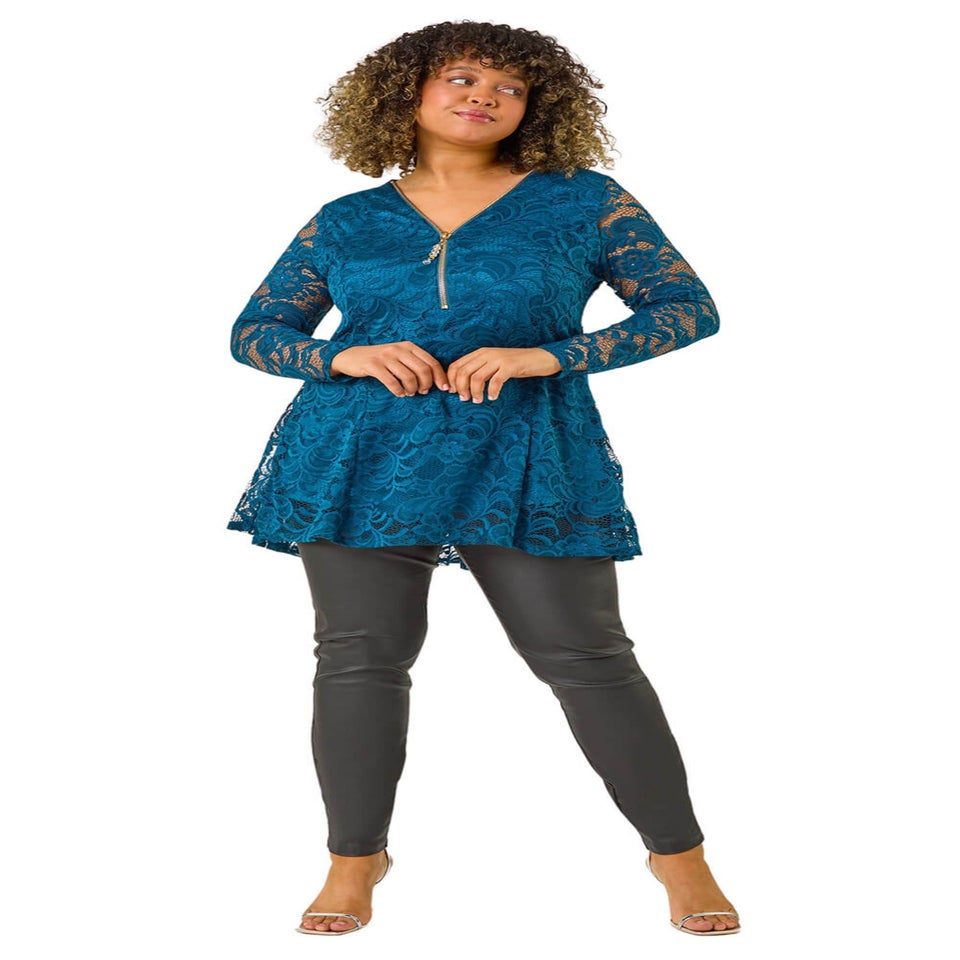 Roman Teal Curve Zip Front Lace Stretch Top