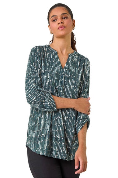 Roman Khaki Textured Abstract Print V-Neck Stretch Shirt