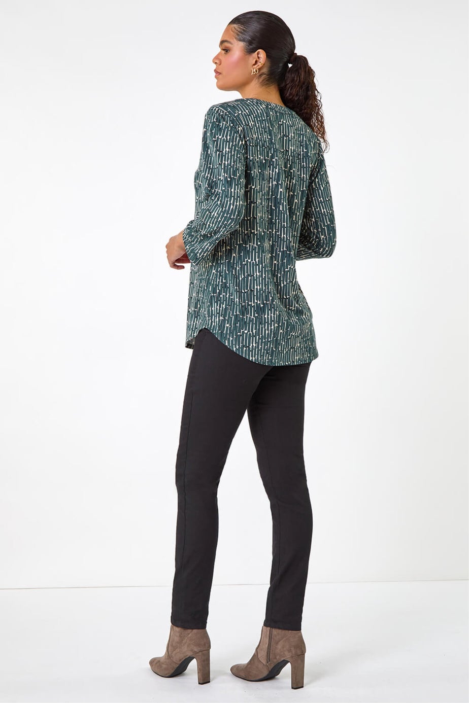 Roman Khaki Textured Abstract Print V-Neck Stretch Shirt